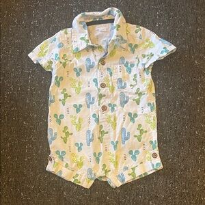 Mud Pie Green and Blue Cactus Print Button Down onesie
